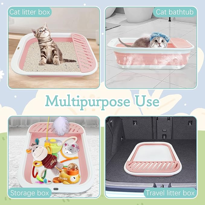 Fhiny Cat Litter Box Portable Shallow Litter Box 17.7"x13.4"x4.9" Foldable Cat Toilet with Scoop Open Kitty Potty Pan with Litter Drop Pedal Easy to Clean Travel Kitten Toilet(Pink)