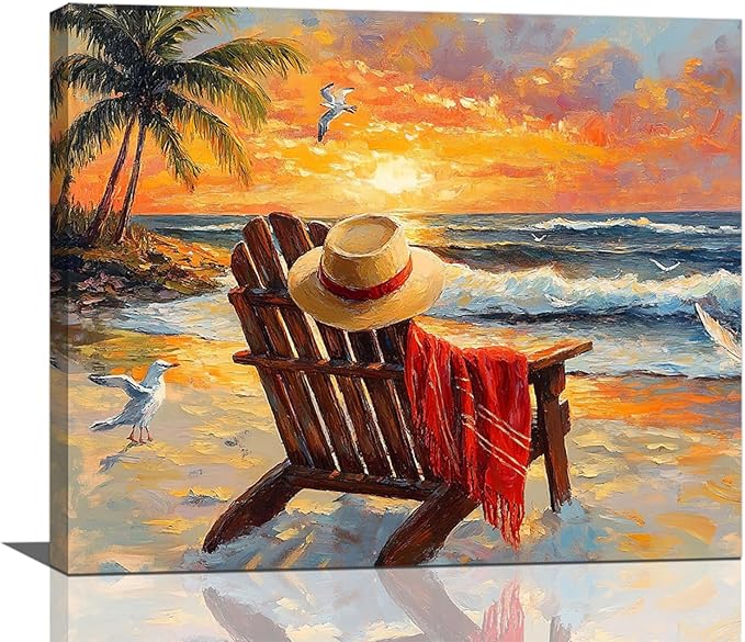 Beach Coastal Bathroom Pictures Wall Art, Seaside Ocean Bathroom Wall Decor, Sunrise Palm Framed Painting Canvas Artwork for Bedroom Living Room Decorations 16"L x 12"W