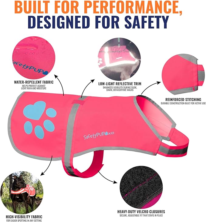 Dog Reflective Vest – Hi-Vis Fluorescent Visibility That Helps to Safeguard Your Pet On/Off Leash in Urban & Rural Areas (Pink, X-Large)
