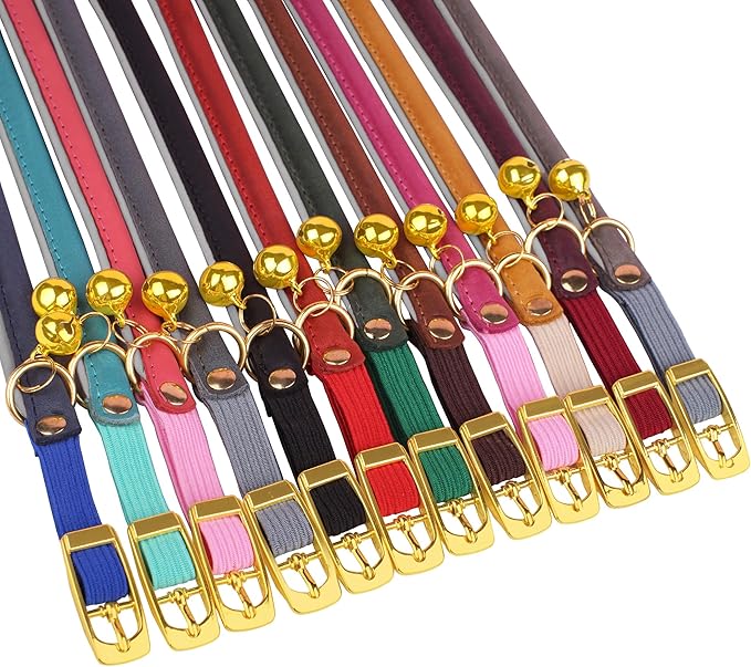OOPSDOGGY Rolled Leather Cat Collar with Bell - Reflective Kitten Collar with Safety Elastic Strap - Adjustable Small Pet Collars for Boy Girl Cats (Teal)