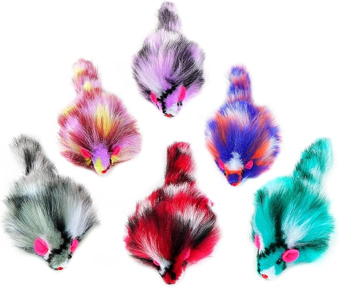 CHIWAVA 6PCS 3.1" Long Haired Furry Mice with Rattle Gradient Color Small Cat Toy Mouse Kitten Interactive Toy