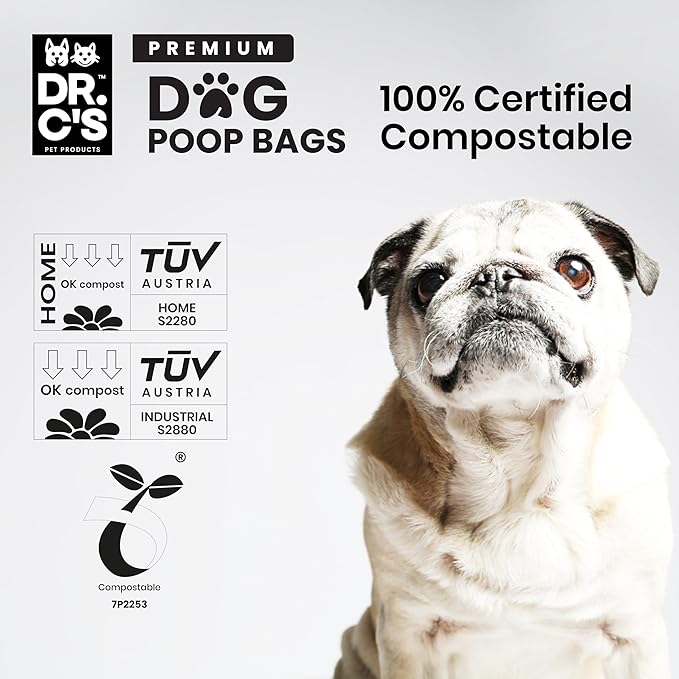 100% Certified Compostable Dog Poop Bags - Dr. C's Premium Dog Poop Bags - 270 Bags / 18 Rolls, Extra thick, Leak Proof, Unscented, Plant Based and Earth Friendly