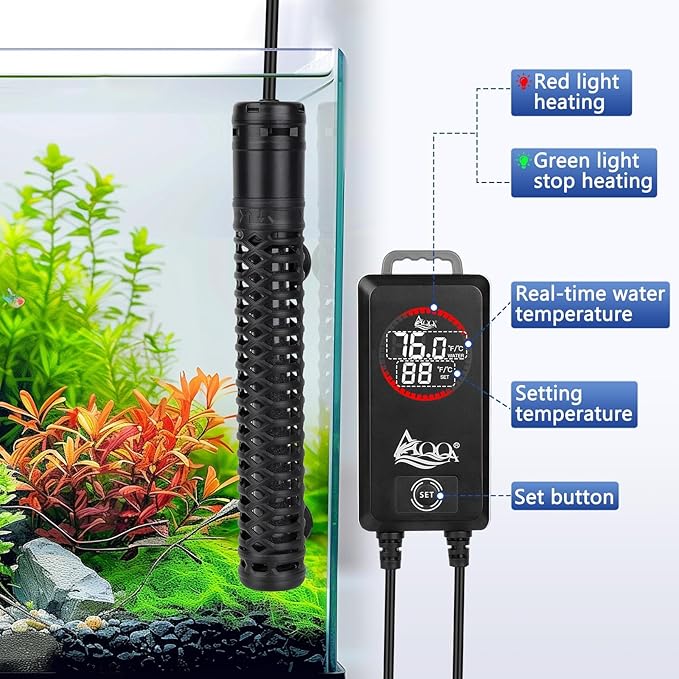 AQQA Aquarium Heater,Submersible Fish Tank Heater 59-93°F/15-34°C External Controller,Rapid Heating,Ultra-high Temperature Protection,Automatic Power-Off When Leaving Water (800W for 135-172 Gallon)