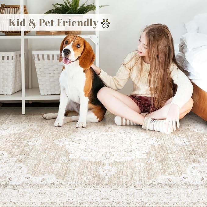 Vintage Living Room Area Rug - 9x12 Large Machine Washable Boho Moroccan Rug Distressed Farmhouse Rugs for Bedroom - Soft Non-Slip Indoor Carpet for Dining Room Office Nursery(Boho Beige, 9'x12')