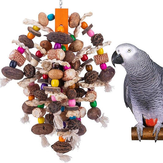 Deloky Large Parrot Bird Chewing Toys, Natural Nuts Corn Parrot Tearing Toy, Wooden Bird Cage Toy for African Grey, Macaws Cokatoos, Amazon Parrots and Other Large Birds