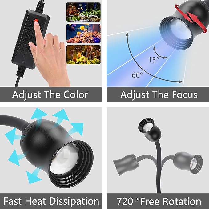 Aquarium Light Focus Light for Open Fish Tank Indoor LED Light Big Clip Lamp Adjustable Focus (White-Blue)