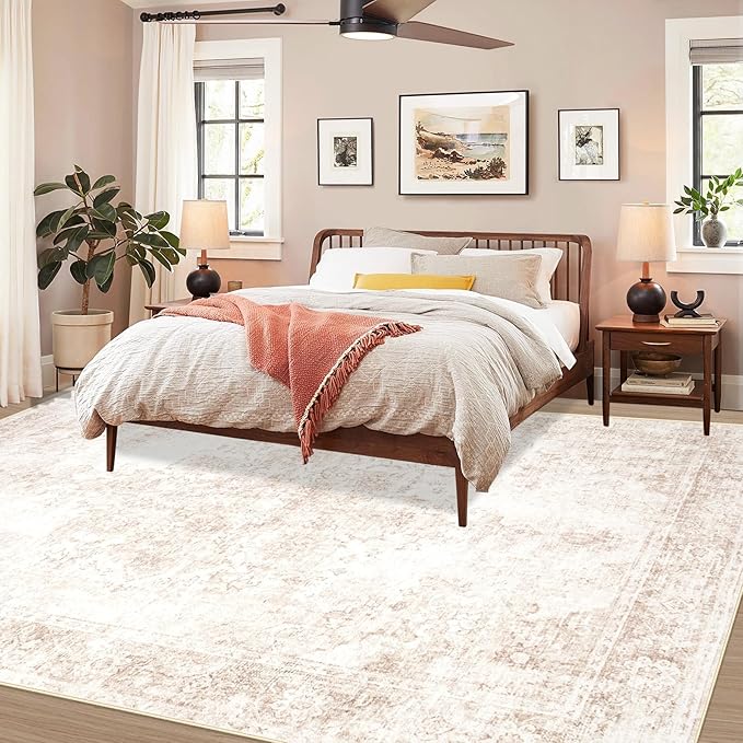 Vintage Living Room Area Rug - 6x9 Large Machine Washable Boho Moroccan Rug Distressed Farmhouse Rugs for Bedroom - Soft Non-Slip Indoor Carpet for Dining Room Office Nursery(Retro Beige, 6'x9')