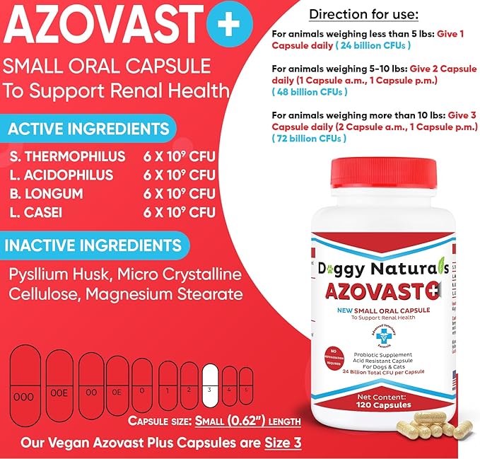 Azovast Plus Kidney Health Supplement for Dogs & Cats, 720ct - NO Refrigeration Required - Help Support Kidney Function & Manage Renal Toxins - Renal Care Supplement Capsule(U.S.A)(720 Caps)