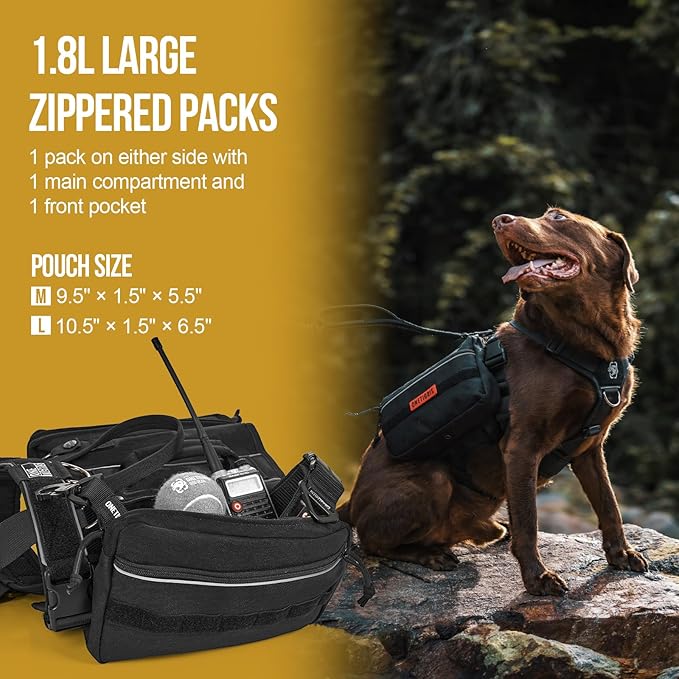 Onetigris Dyno Outdoor Dog Harness With Pockets, Front Range Pack, Backpack With Handles, Saddle Bag Hiking Vest, Tactical Service Canine EDC Pack Set