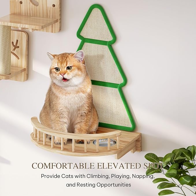 Cat Wall Shelves, Cat Wall Furniture Pine Wooden Feline Shelf, 16 Piece Shelves and Perches with Bowl, Warmer Mat, Condos, House, Steps and Cat Scratcher