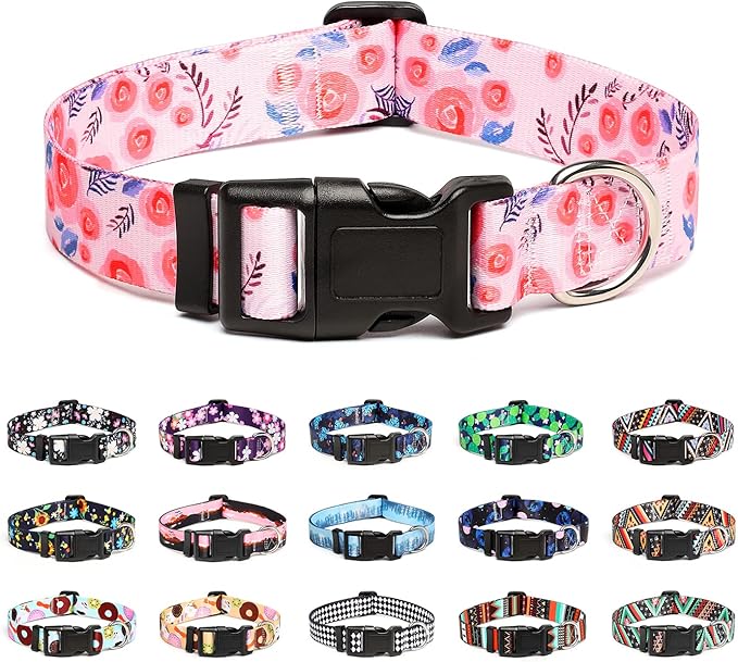 Mercano Adjustable Dog Collar - Special Design Patterns, Soft Nylon Comfortable Durable Pet Collar for Small Medium Large Dogs (M, Rose)