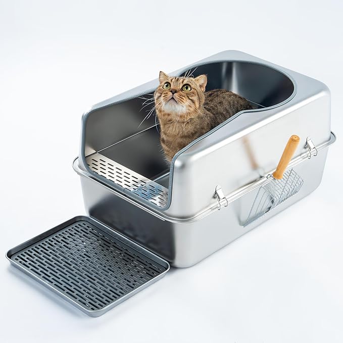 Cattasaurus 100% Stainless Steel Litter Box Enclosure for Large Cats 30+ lbs, Odor-Free & Easy to Clean, Multi Cat Litter Box with Cover, Long-Lasting XL Metal Litter Box with High Side, Scoop & Pedal