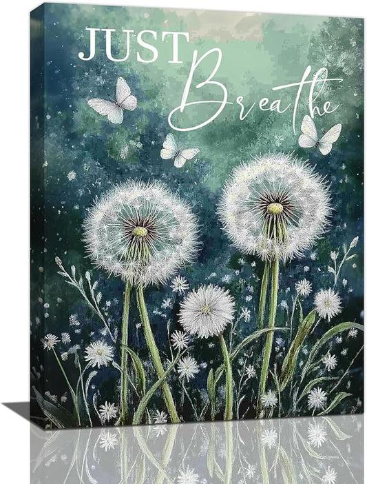 Dandelion Pictures Wall Art, Farmhouse Floral Bathroom Wall Decor, Rustic Inspirational Framed Painting Butterfly White Flower Canvas Artwork for Bathroom Bedroom Living Room Decorations 20"L x 16"W