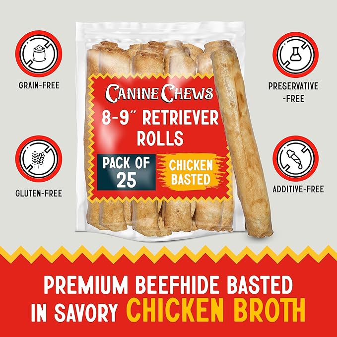 Canine Chews 8-9" Chicken Basted Dog Rawhide Retriever Rolls (25 Pack) - USA-Sourced Chicken Basted Dog Chews - Healthy Dental Chews