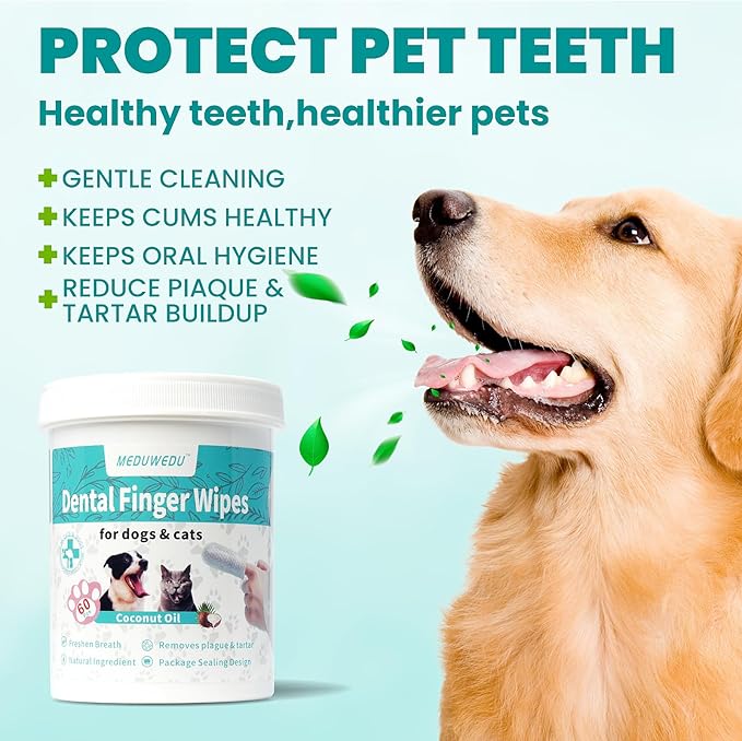 Dental Care Finger Wipes 60 Counts,Teeth Cleaning Finger Wipes for Dogs & Cats,Reduces Plaque & Supports Oral Freshness, Small Animal Stain Removers, Coconut Scent