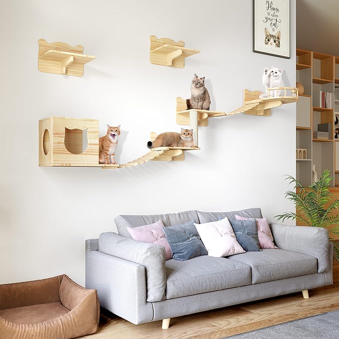 Cat Wall Shelves, Cat Wall Furniture Pine Wooden Feline Shelf, 9 Piece Shelves and Perches with Bed, House, Steps, Bridge Ladder and Scratching Post
