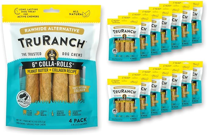 Collagen Rolls - 6" Collagen Rolls for Dogs - Long Lasting Healthy Joint Support - Rawhide Alternative - Skin & Coat Health - Made with Real Peanut Butter, Value Pack, 15 Bags, 60 Count