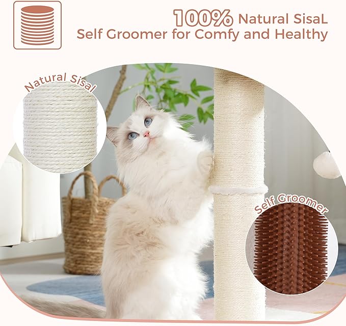 Cat Tree Tower for Large Cats Cat Scratching Post with Cat Self Groomer, 20x15.7” Wide Top Bed, Thick Scratch Post [Dia=4.5”] and Danging Ball Great for Indoor Cats-Large Beige