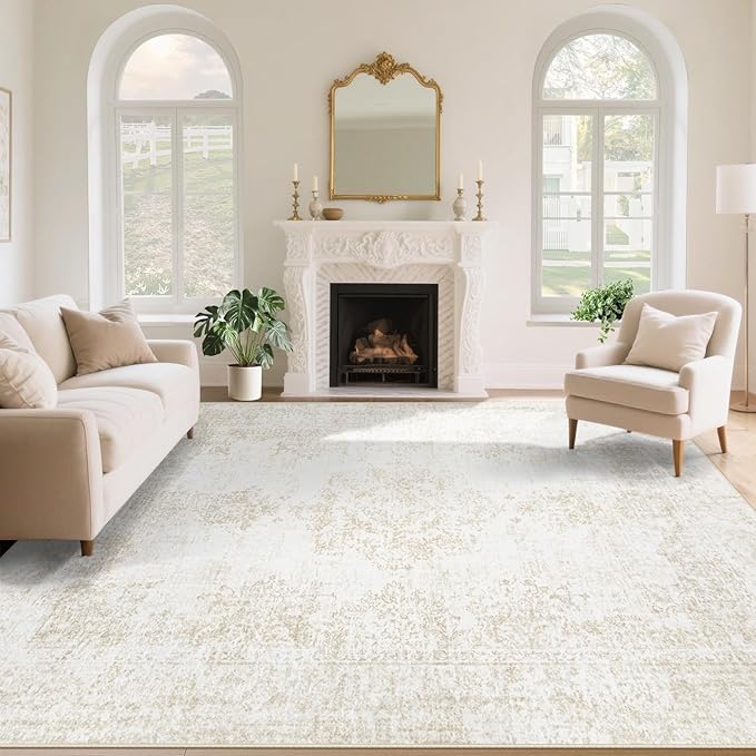 Vintage Living Room Area Rug - 9x12 Large Machine Washable Boho Moroccan Rug Distressed Farmhouse Rugs for Bedroom - Soft Non-Slip Indoor Carpet for Dining Room Office Nursery(Ivory, 9'x12')