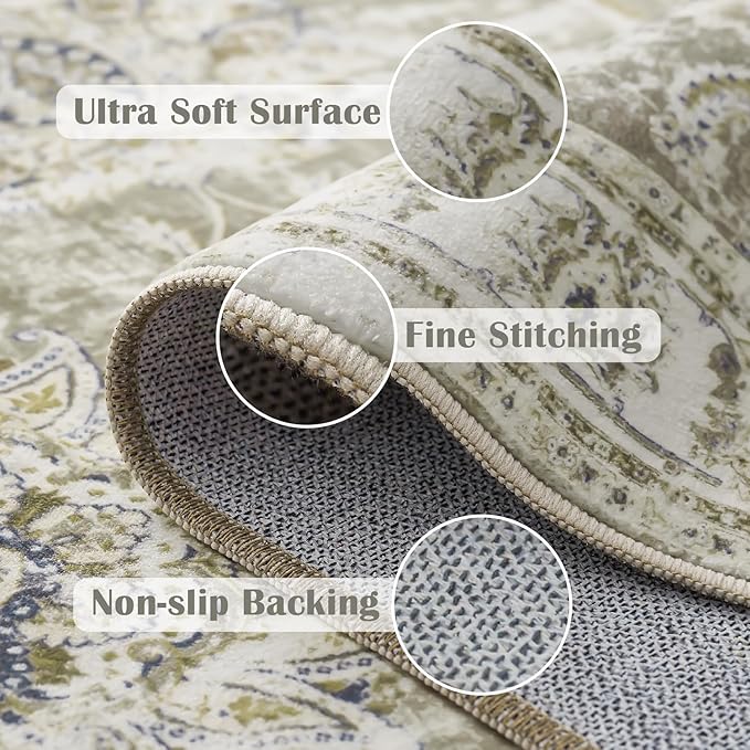 jinchan Fiora Washable Area Rug 8x10 for Living Room - Soft Faux Wool Ultra-Thin Stain Resistant Non-Slip Distressed Vintage Floral Large Carpet for Bedroom, Home Office, Nursery(Taupe, 8'x10')