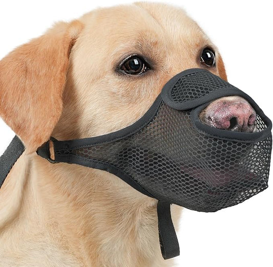 LUCKYPAW Dog Muzzle for Large Medium Small Dogs, Patented Mesh Muzzle to Prevent Biting Chewing Eating, Soft Mouth Guard with Front Opening Design for Drinking Panting (Black, XXL)