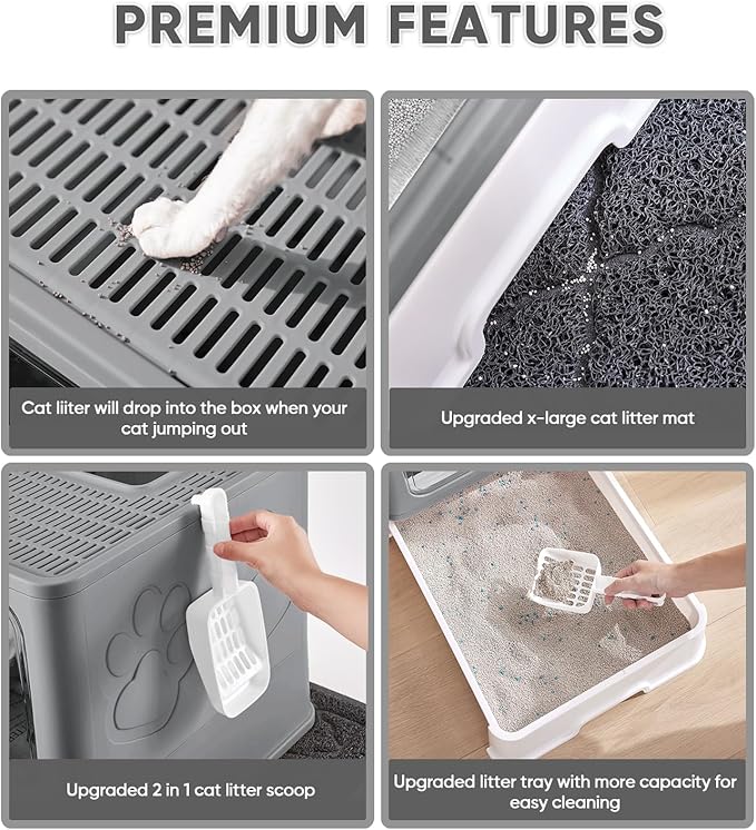 Cat Litter Box with X-Large Litter Mat and Scoop, Large Foldable Litter Box with Lid, Enclosed Kitty Box,Front Top Entry Exit, Odor Control Easy to Clean (Upgrade Dark Grey)