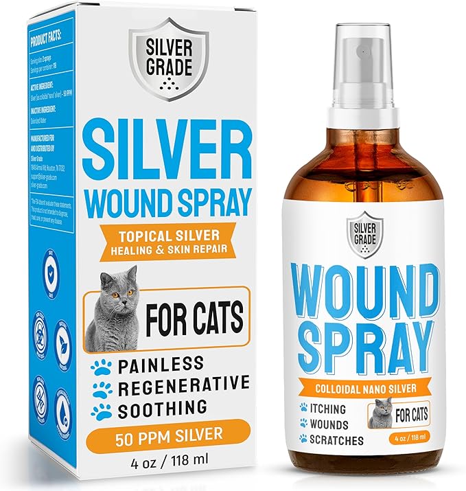 Cat Wound Care Spray with Silver – Wounds, Rashes, Hot Spots, Itch, Scratching, Irritation, Bites & Burns – Use a Cat Cone to Prevent Licking – Safe Formula – 4 Oz