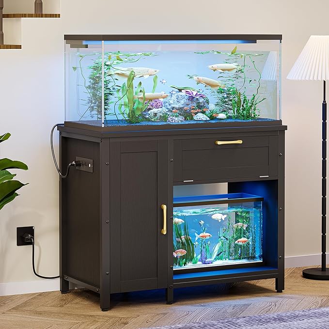 Bestier 40-50 Gallon Fish Tank Stand with Power Outlet&LED Light, 37x18 Heavy-Duty Metal Aquarium Stand with Cabinet&Drawer for Accessories Storage, Suit for Reptile/Turtle Terrarium,660Lbs Capacity