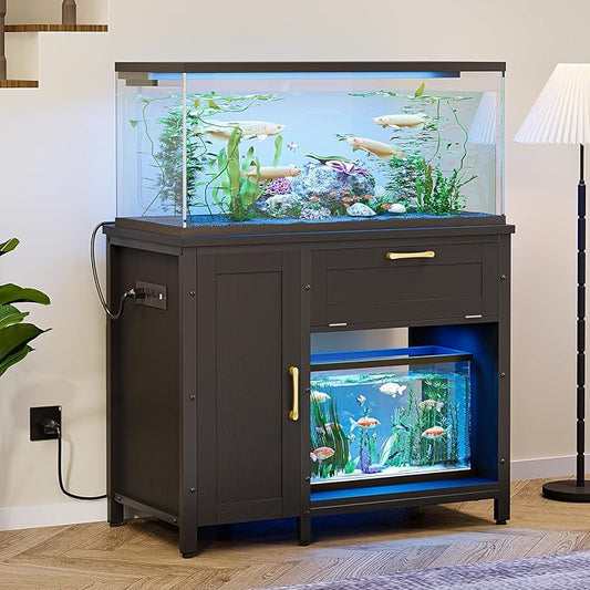 Bestier 40-50 Gallon Fish Tank Stand with Power Outlet&LED Light, 37x18 Heavy-Duty Metal Aquarium Stand with Cabinet&Drawer for Accessories Storage, Suit for Reptile/Turtle Terrarium,660Lbs Capacity