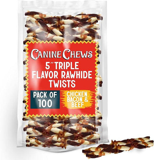 Canine Chews 5" Triple Flavor Rawhide Stick Twists for Small Dogs Dog Treat Dental Stick Chicken, Pork, Beef Flavor Chew Toy (100 Pack)
