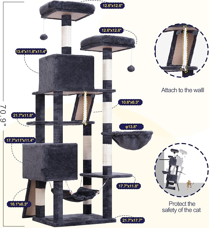 Cat Tree for Indoor Cats, 71'' (180cm) Multi-Level Cat Tower for Large Adult, Sturdy Cat Tree House with 2 Scratching Boards 7 Posts, 2 Plush Perches/Condos, Hammock, Smoky Gray GCT032G