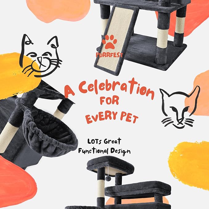 Cat Tree, 80-Inch Large Cat Tower with 9 Scratching Posts, 2 Perches, 2 Caves, 2 Basket, 2 Stairs, Extra Large Hammock, Pompoms, Multi-Level Plush Cat Condo for Indoor Cats/Smoky Grey