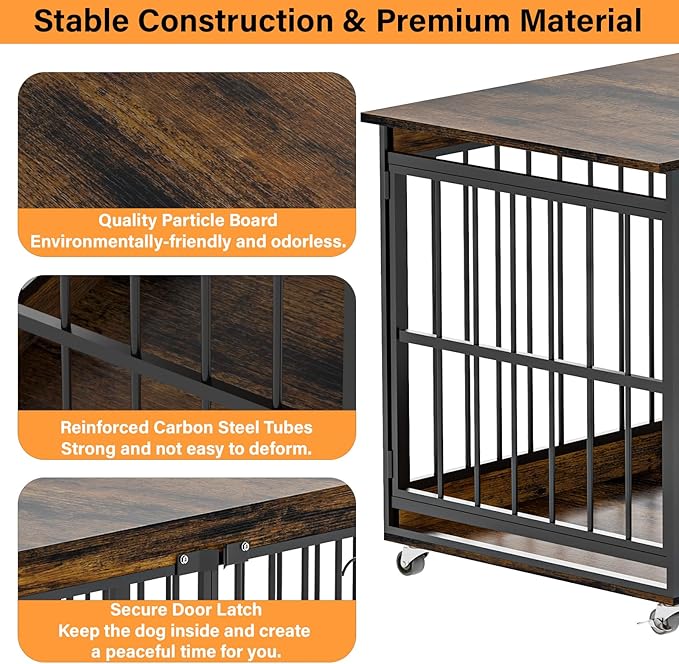 COZPAW Dog Crate Furniture, 48 Inch Dog Crates for Medium/Large Breed, Farmhouse Wood Metal Kennel Indoor Heavy Duty Pet Cage with Caster Wheels (Brown)