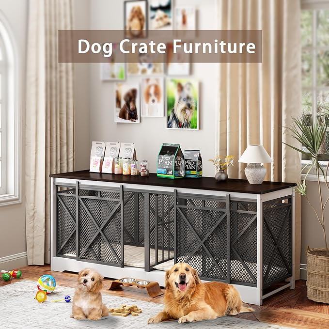 COZPAW 78 Inch Double Dog Crate Furniture, Extra Large Dog Kennel Indoor for Medium Large 2 Dogs, Heavy Duty Dog Cage Chew-Resistant Steel and Wooden Pet House with Removable Divider (White Brown)