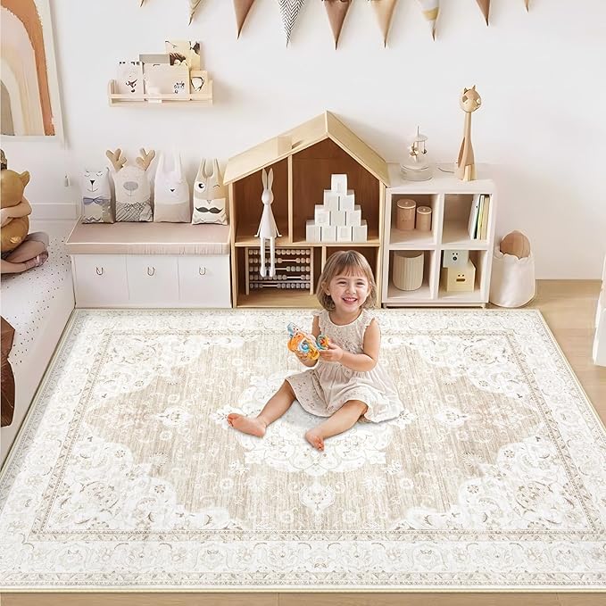 Area Rug 3x5 Entryway Rugs - Machine Washable Vintage Boho Area Rug Non-Slip Kitchen Rugs Soft Stain Resistant Indoor Door Mat, Small Oriental Throw Rug for Entrance Bedroom (Boho Beige, 3'x5')