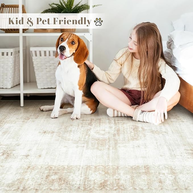 Vintage Living Room Area Rug - 8x10 Large Machine Washable Boho Moroccan Distressed Farmhouse Rugs for Bedroom - Soft Non-Slip Indoor Floor Accent Rugs for Office Dining Room (Beige, 8'x10')