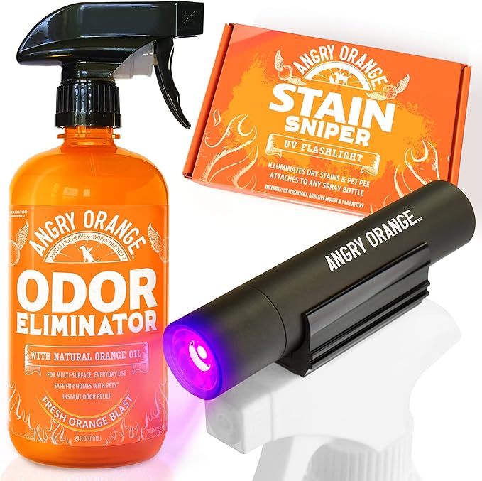 ANGRY ORANGE Pet Odor Eliminator Kit for Dog Urine - Citrus - 24 oz + UV Flashlight