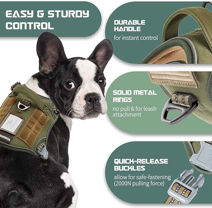 BUMBIN Tactical Dog Harness for Small Dogs No Pull, Famous TIK Tok No Pull Puppy Harness, Fit Smart Reflective Pet Walking Harness for Training, Adjustable Dog Vest Harness with Handle Green S