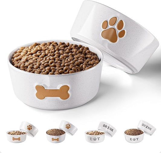 Ceramic Dog Bowl Set of 2 with Anti-Skid Base - 6.5" Wide x 2.5" Tall Ceramic Dog Bowls Medium Sized Dogs - 3.8 Cup Capacity Food and Water Bowls for Dogs - Rubber Bottom Pet Bowl Set of 2 Medium Size