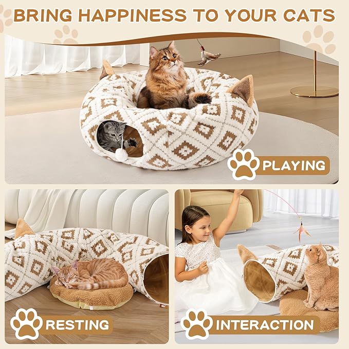 Cat Tunnel Bed for Indoor Cats, Cat Donut Tunnel with Washable Cushion, Peekaboo Cat Cave Toy, Multifunctional Playground Toys for Kittens, Rabbit, Brown Jacquard Pattern