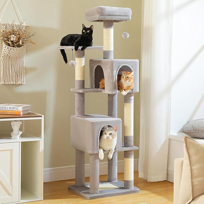 Cat Tree for Indoor Cats, 62-Inch Multi-Level Cat Tower with Scratching Posts for Large Cats, 2 Bigger Plush Condos, Padded Platform, Soft Cat Bed and Scratching Pad, 2 Pompoms, Gray