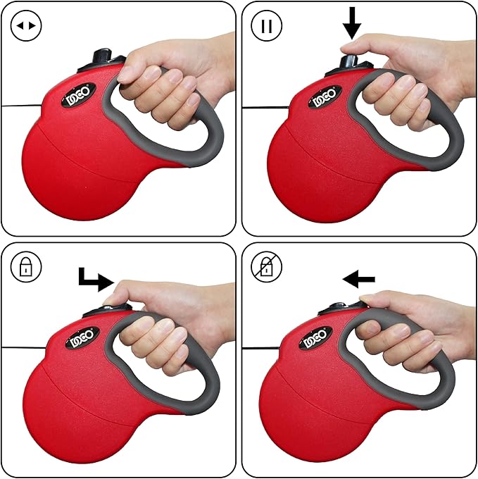 DOCO Retractable Dog Leash for Large Dogs (Length - 16’, Weight - Upto 45lb) Reflective Tape Lead with Stop and Lock Control, Tangle Free 360° Swivel Snap & Anti-Slip Grip (Red, Medium)