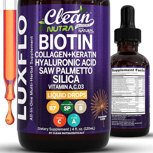 Biotin Liquid Drops Collagen Keratin Hyaluronic Acid Saw Palmetto for Hair Skin and Nails Silica Vitamin A C Vitamin D Bamboo Turmeric Zinc Folate Magnesium Horsetail LuxGlo by Clean Nutra
