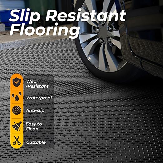 7.8 x 22 FT Garage Floor Mat, 2.8mm Thickness Diamond Plate Vinyl Garage Flooring Roll for Under Car, Large Size 172 SQFT for Large SUVs, MPV, Pickup Truck, RV, Black