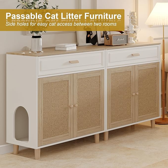 Cat Litter Box Enclosure Furniture Hidden Indoor 2-in-1 Wooden Cat House & Washroom Cabinet with Scratching Board Doors and Drawer, 31.5"x15.7"x34.6"H