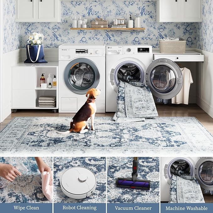 jinchan Fiora Round Rug 7ft Area Rugs Vintage Floral Distressed Design Machine Washable Non-Slip Low-Pile Ultra-Thin Circle Rug for Living Room Dining Room Bedroom Farmhouse (7' Round, Dark Blue)