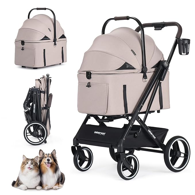 BEBEROAD X3 2 in 1 Pet Stroller for Medium or Two Small Dogs & Cats 4 Wheels Lightweight Foldable Carrier Dog Stroller with Waterproof Weather Cover Cup Holder,Storage Basket(Camel)