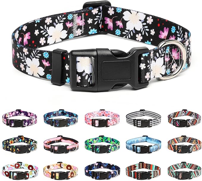 Mercano Adjustable Dog Collar - Special Design Patterns, Soft Nylon Comfortable Sturdy Pet Collar for Small Medium Large Dogs (M, Floral White)