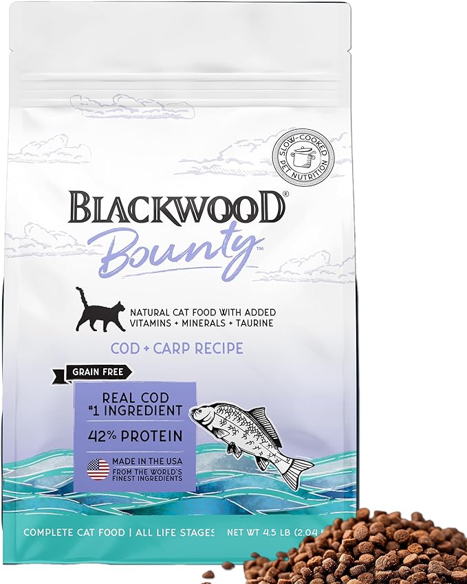 Blackwood Bounty Dry Cat Food, Cod & Carp Recipe for All Life Stages, 4.5 Pound Bag, High Protein, Grain Free