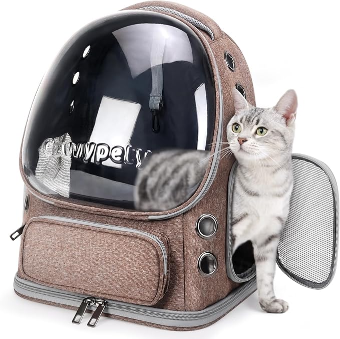 Cat Backpack Carrier, Breathable Cat Carrier Large Space Bubble Pet Backpack for Kitty Small Dog up to 15lbs, Transparent & Foldable Pet Carrier for Travel Hiking